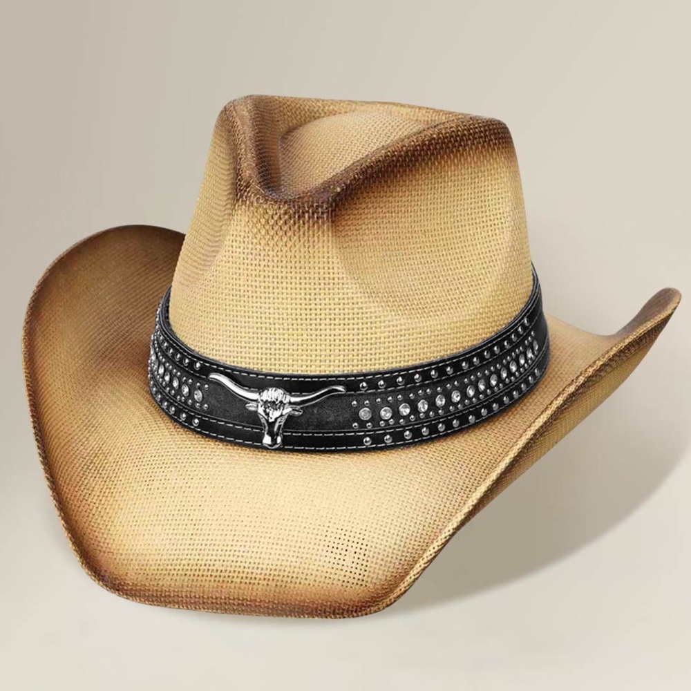 Metal Steer Head Emblem Studded Leather Band Western Straw Cowboy Fedora Hat